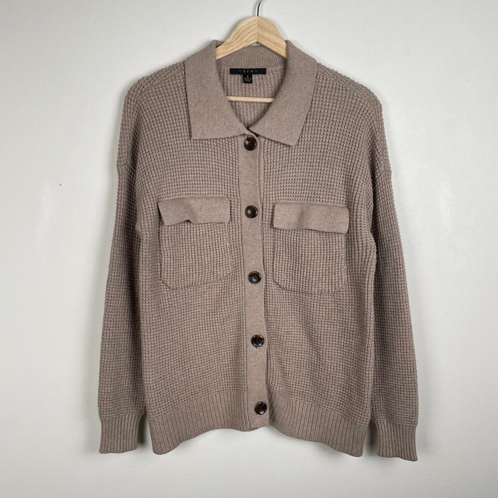 Cyrus Waffle Knit Collared Cardigan Sweater Button Front Knit Shacket Brown Sz S